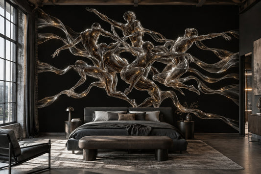 Chrome Human Figures Wallpaper Futuristic Glass Sculpture Wall Mural