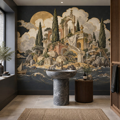 Classical Ruins Seascape Wallpaper Gold Moon Wall Mural