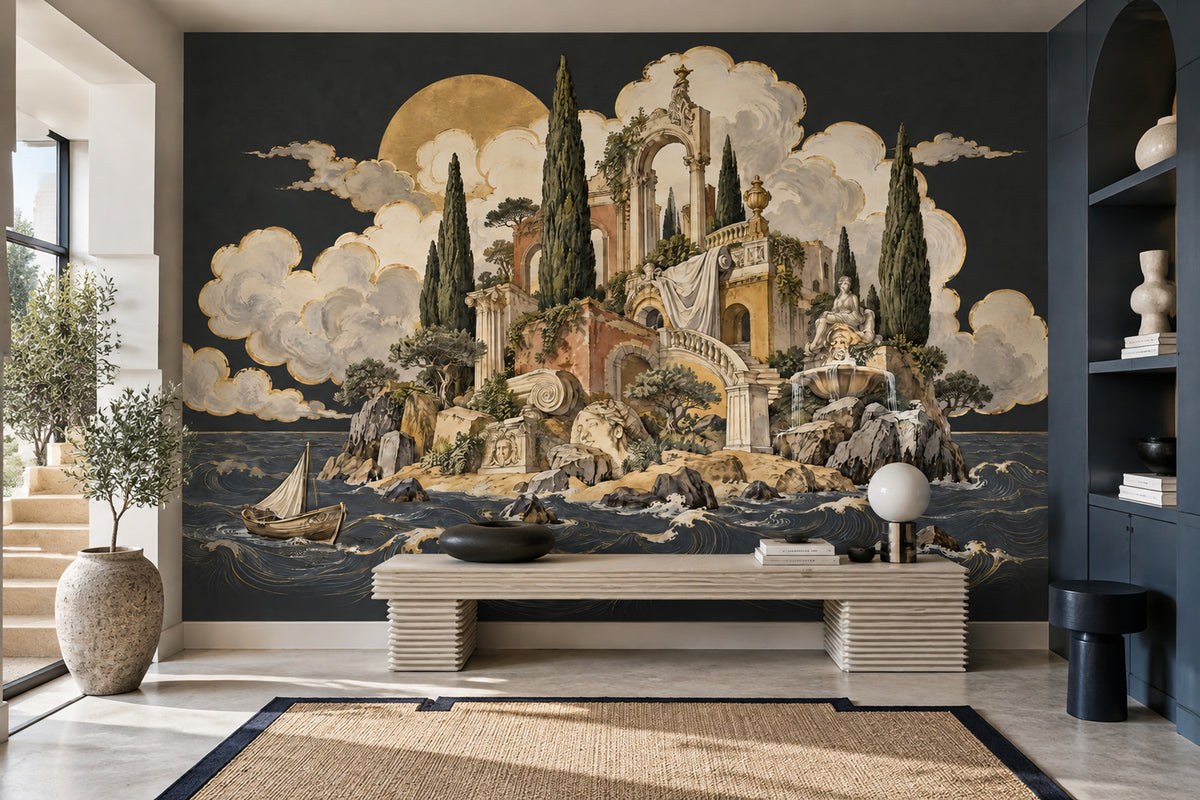Classical Ruins Seascape Wallpaper Gold Moon Wall Mural