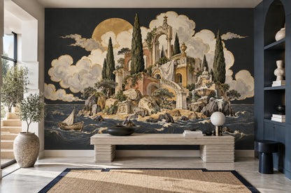 Classical Ruins Seascape Wallpaper Gold Moon Wall Mural