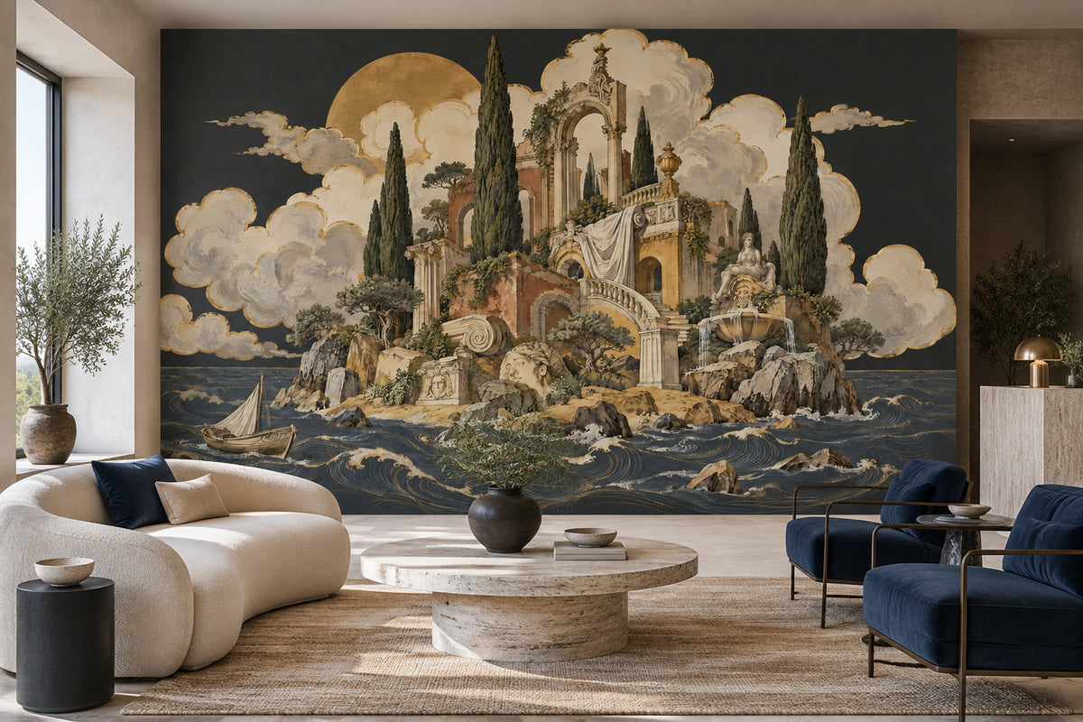Classical Ruins Seascape Wallpaper Gold Moon Wall Mural