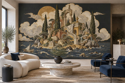 Classical Ruins Seascape Wallpaper Gold Moon Wall Mural