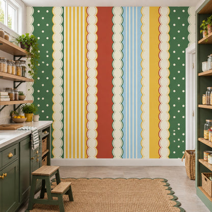 Retro Vertical Stripes Wallpaper Polka Dot Scalloped Border Wall Mural