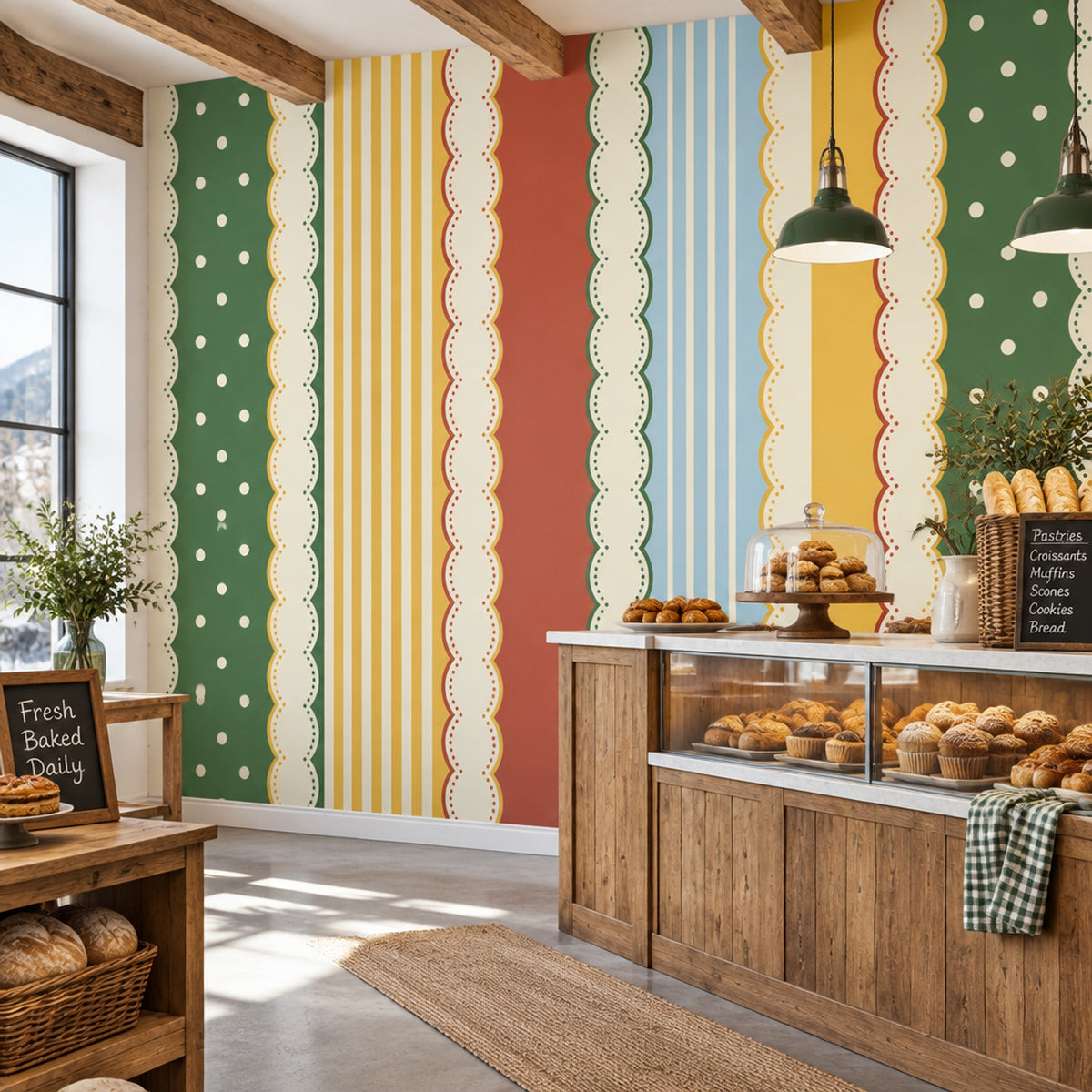 Retro Vertical Stripes Wallpaper Polka Dot Scalloped Border Wall Mural