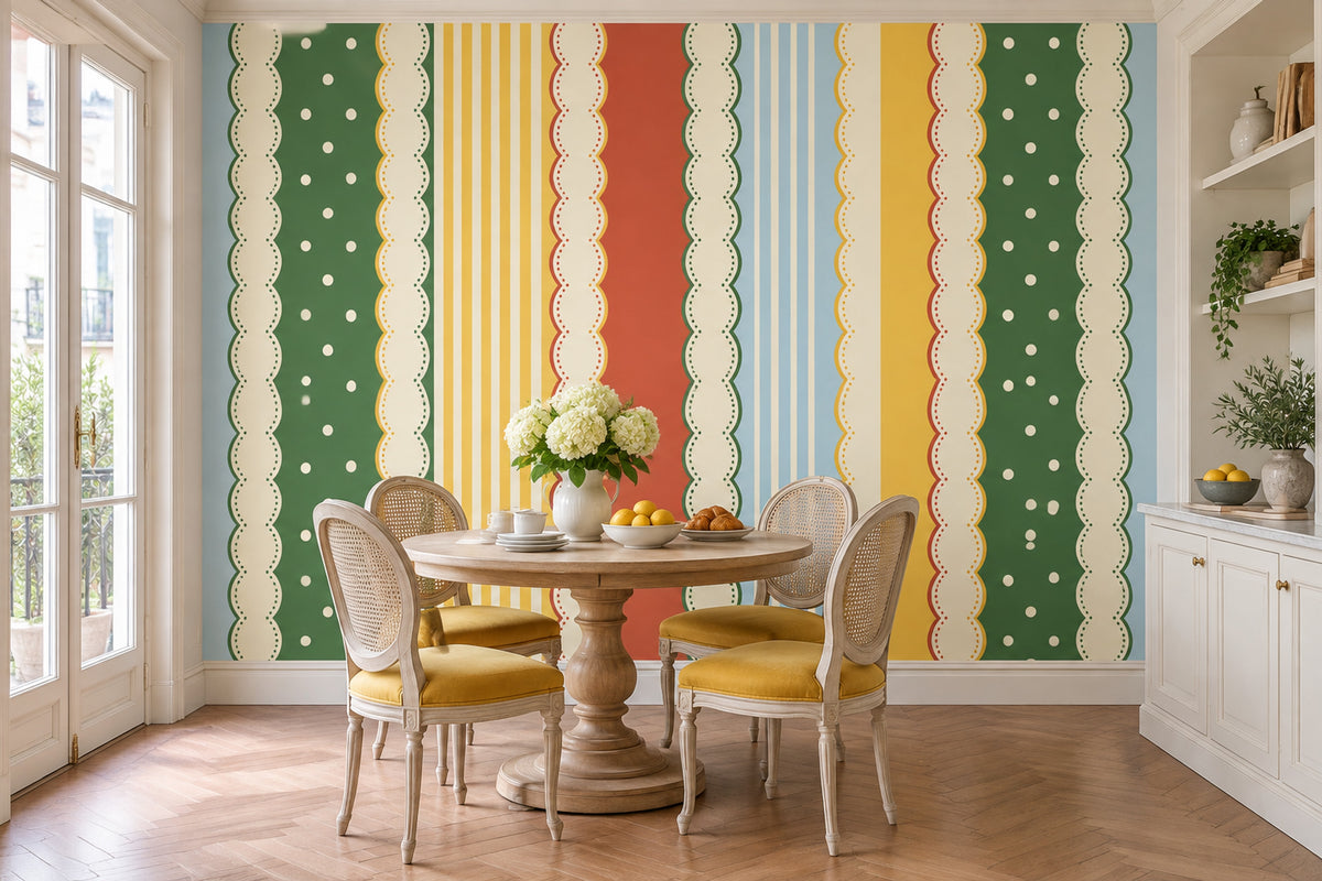 Retro Vertical Stripes Wallpaper Polka Dot Scalloped Border Wall Mural