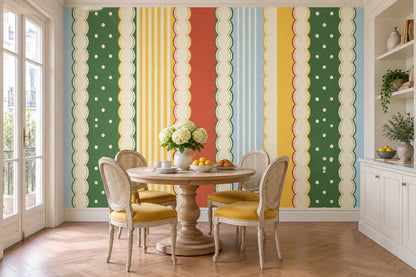 Retro Vertical Stripes Wallpaper Polka Dot Scalloped Border Wall Mural