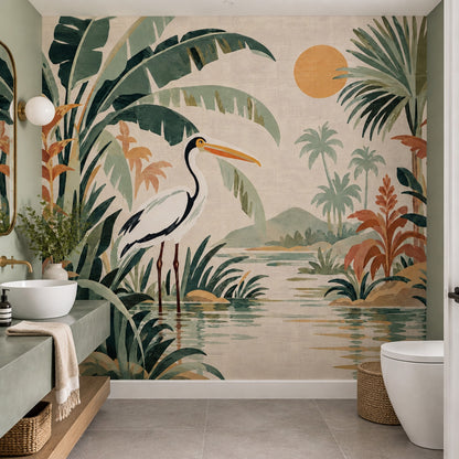 Tropical Lagoon Bird Wallpaper Watercolor Botanical Wall Mural