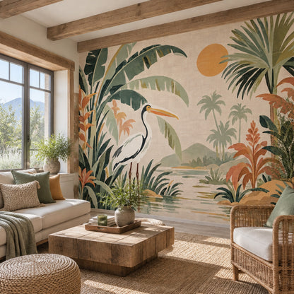 Tropical Lagoon Bird Wallpaper Watercolor Botanical Wall Mural