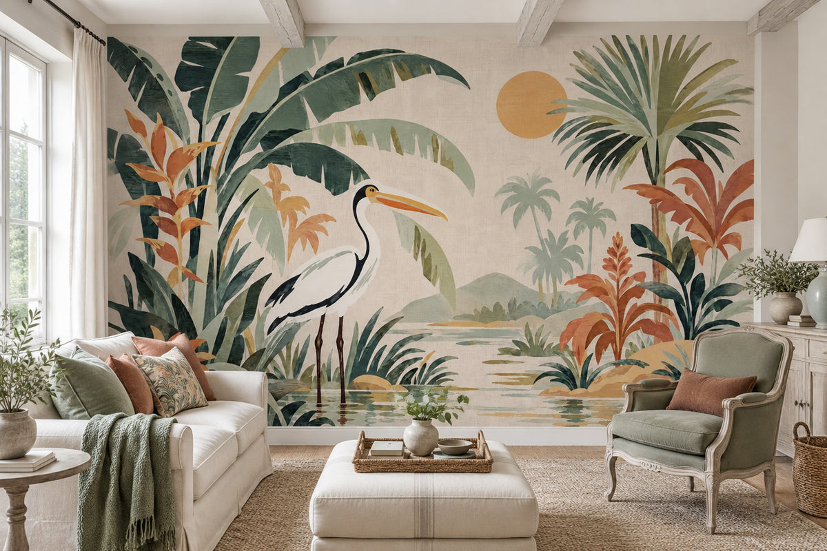 Tropical Lagoon Bird Wallpaper Watercolor Botanical Wall Mural
