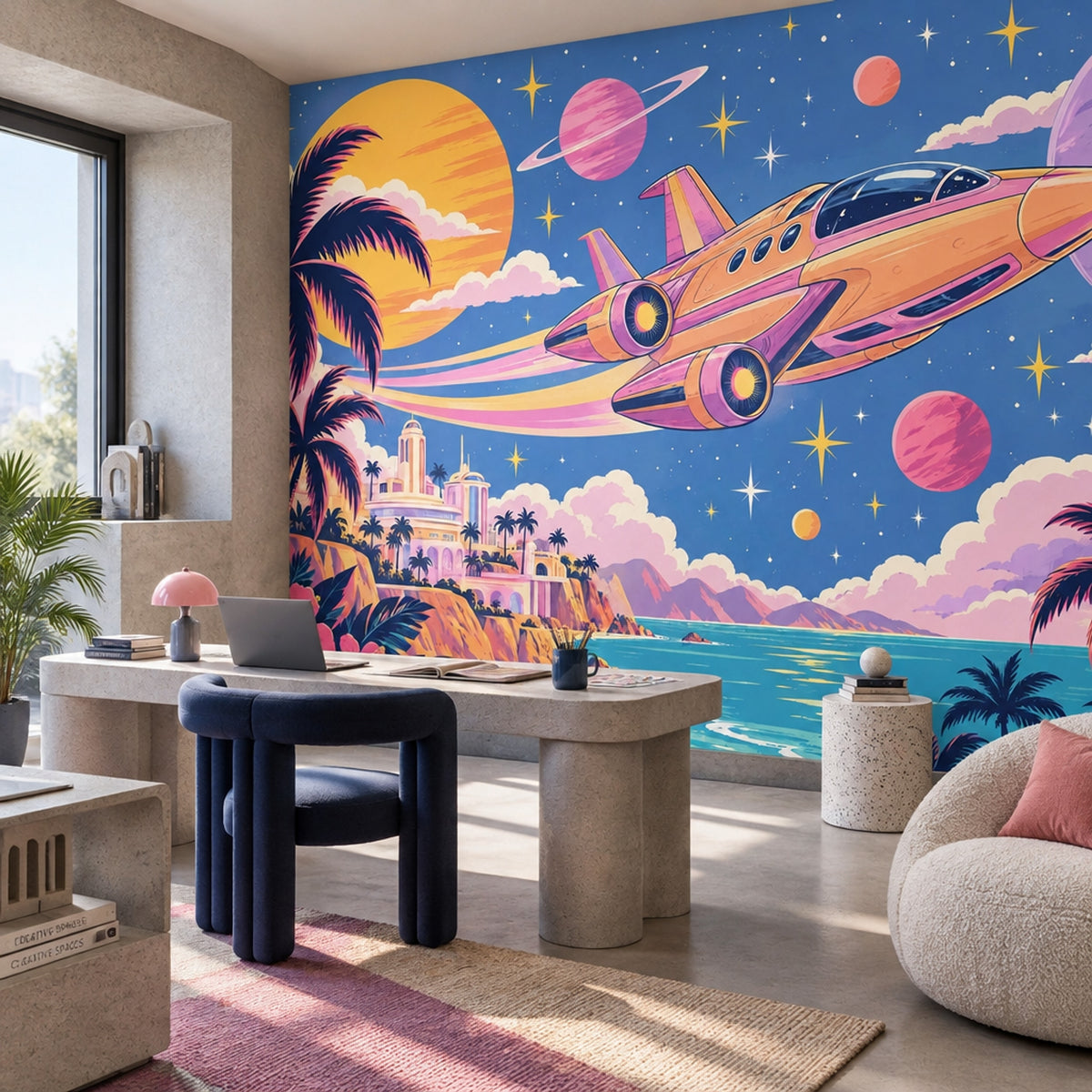 Retro Futuristic Spaceship Wallpaper Tropical Coast Wall Mural
