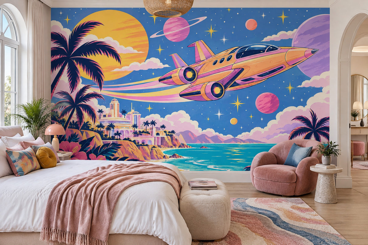 Retro Futuristic Spaceship Wallpaper Tropical Coast Wall Mural