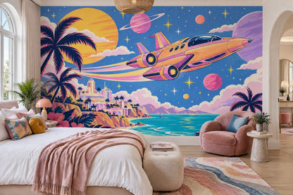 Retro Futuristic Spaceship Wallpaper Tropical Coast Wall Mural