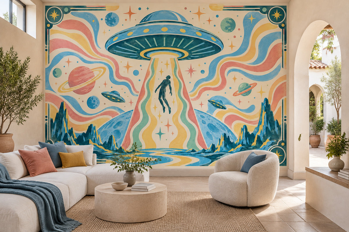 UFO Abduction Wallpaper Retro Sci Fi Wall Mural