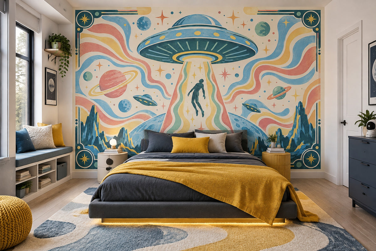UFO Abduction Wallpaper Retro Sci Fi Wall Mural