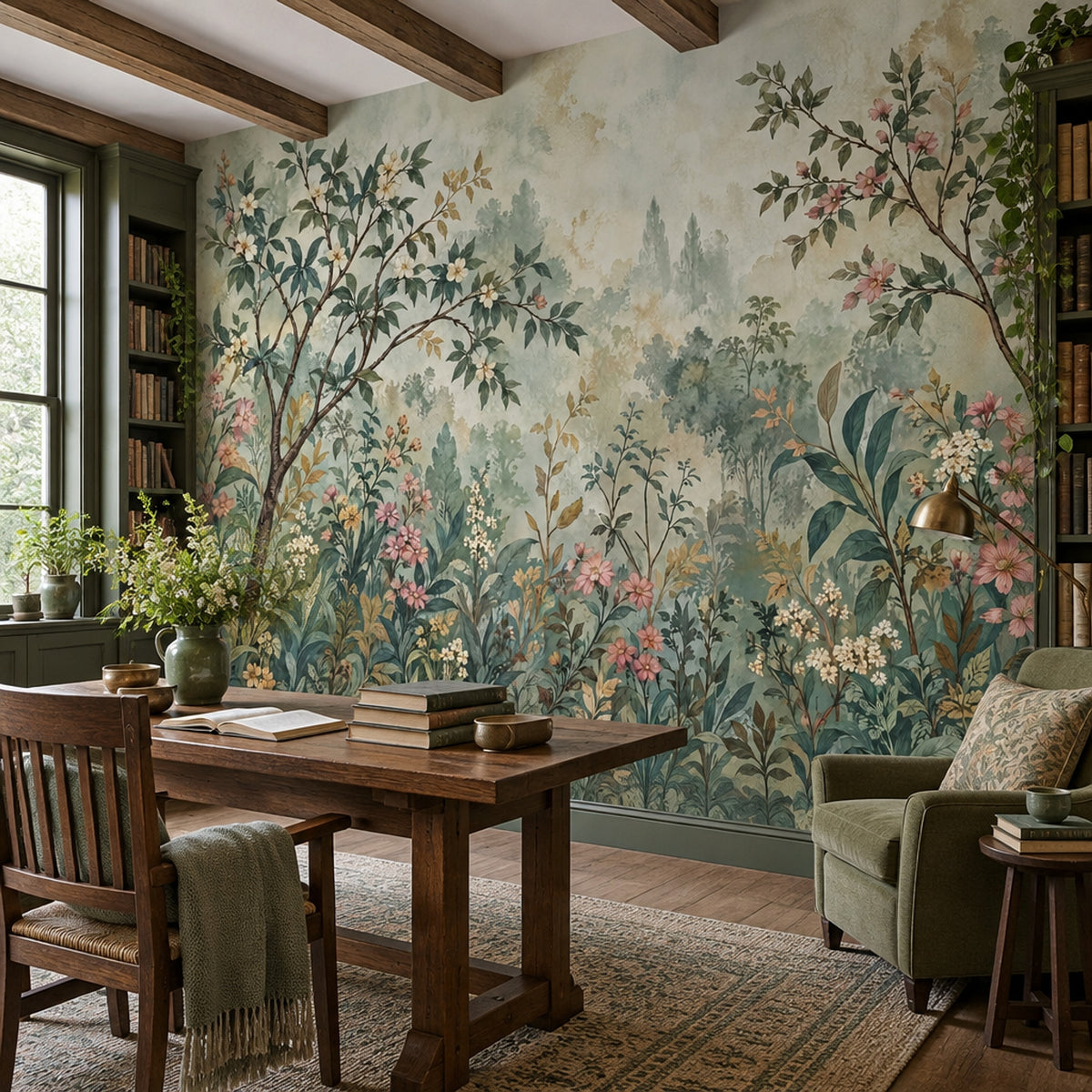 Blossoming Branches Wallpaper Muted Green Chinoiserie Wall Mural