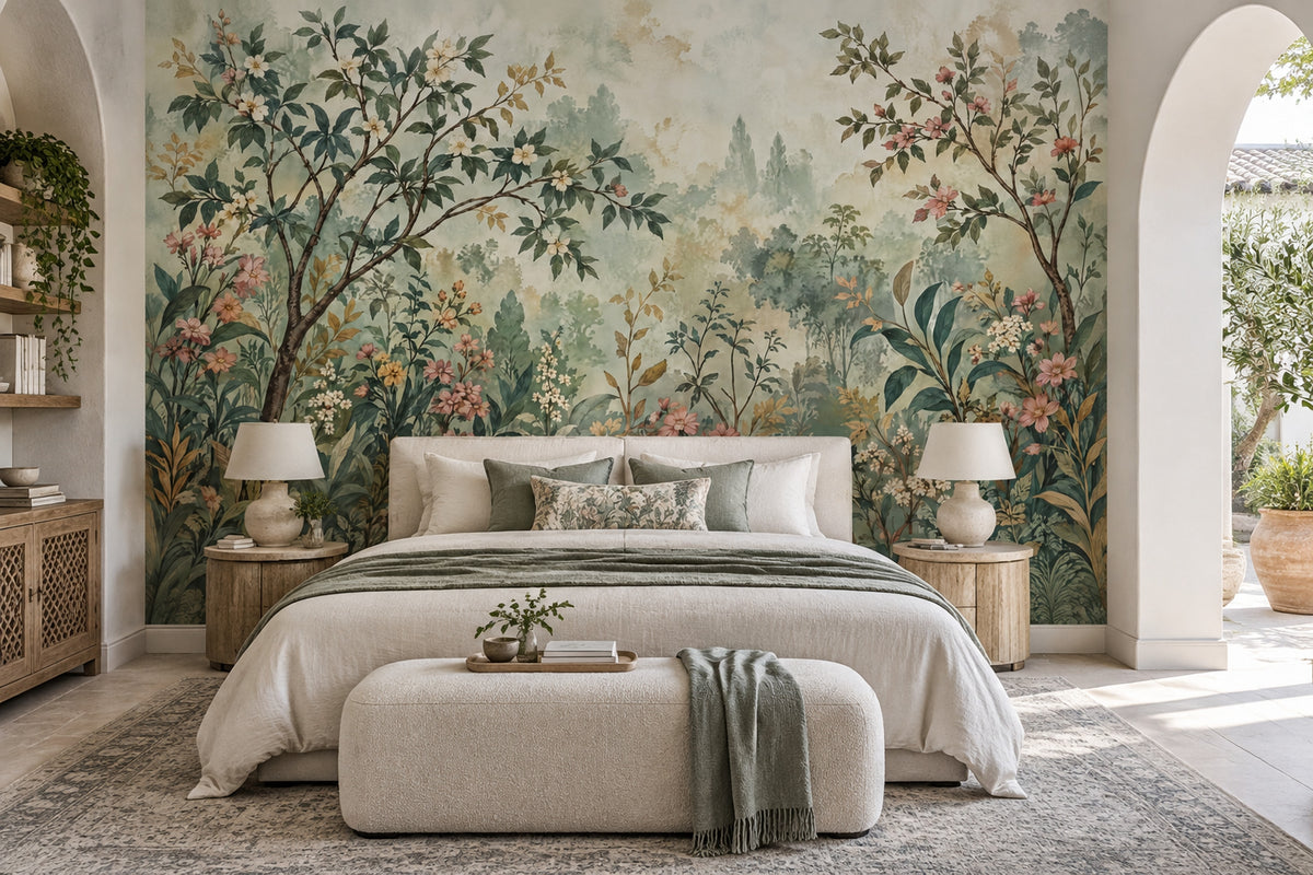 Blossoming Branches Wallpaper Muted Green Chinoiserie Wall Mural