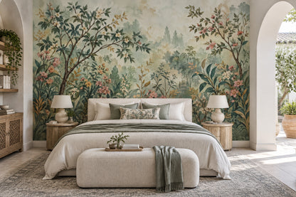 Blossoming Branches Wallpaper Muted Green Chinoiserie Wall Mural