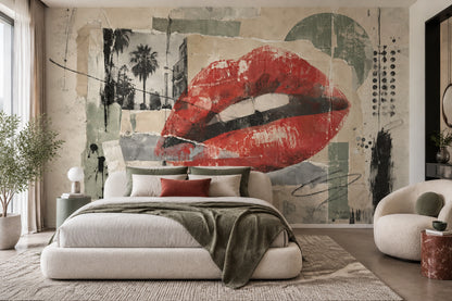 Red Lips Collage Wallpaper Urban Grunge Texture Wall Mural