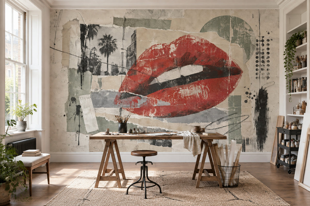 Red Lips Collage Wallpaper Urban Grunge Texture Wall Mural