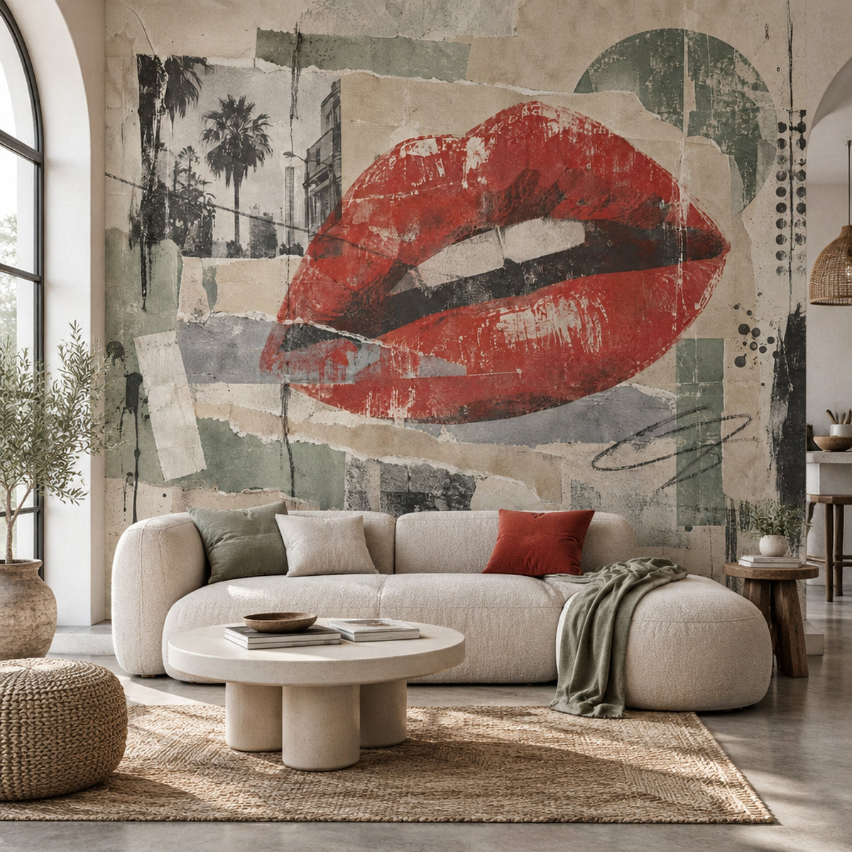 Red Lips Collage Wallpaper Urban Grunge Texture Wall Mural