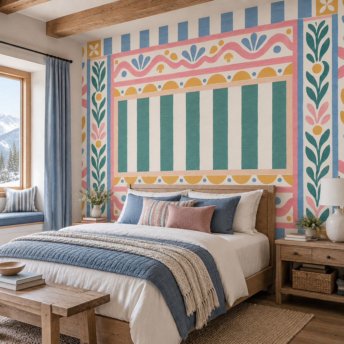 Folk Floral Border Wallpaper Pastel Stripes Wall Mural