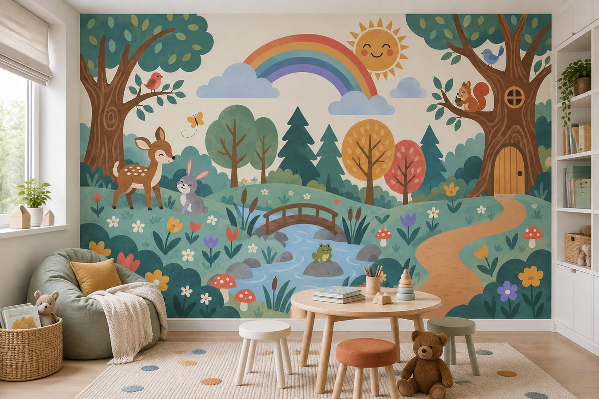Woodland Rainbow Wallpaper Whimsical Landscape Wall Mural