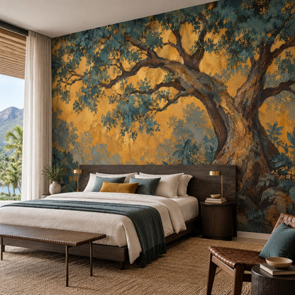 Ancient Tree Forest Wallpaper Gold Background Wall Mural