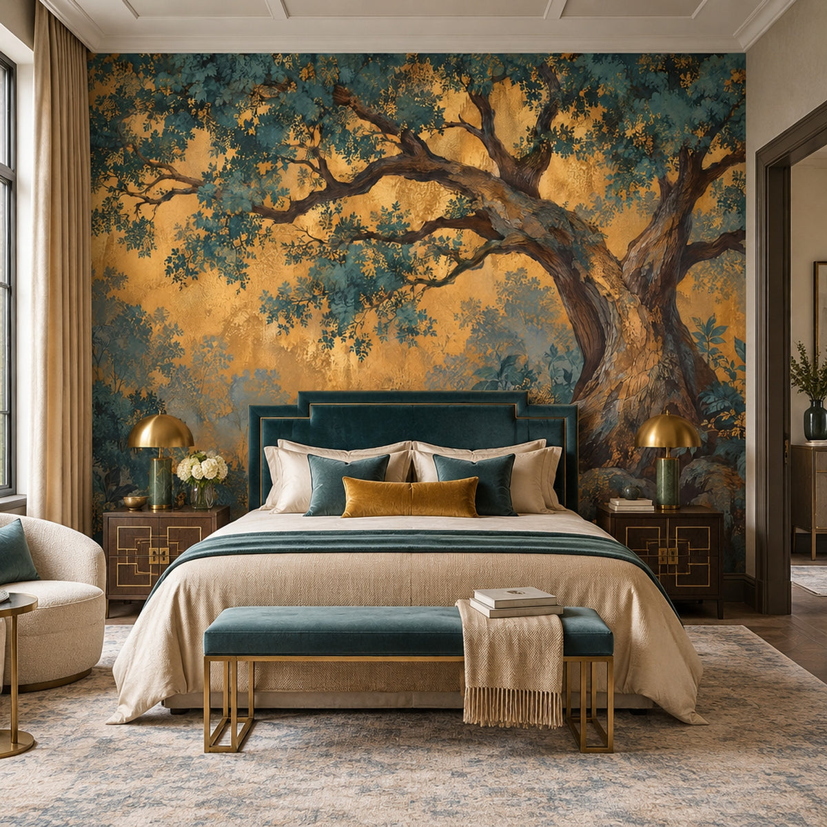 Ancient Tree Forest Wallpaper Gold Background Wall Mural