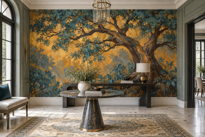 Ancient Tree Forest Wallpaper Gold Background Wall Mural