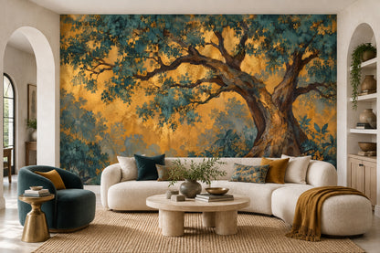 Ancient Tree Forest Wallpaper Gold Background Wall Mural