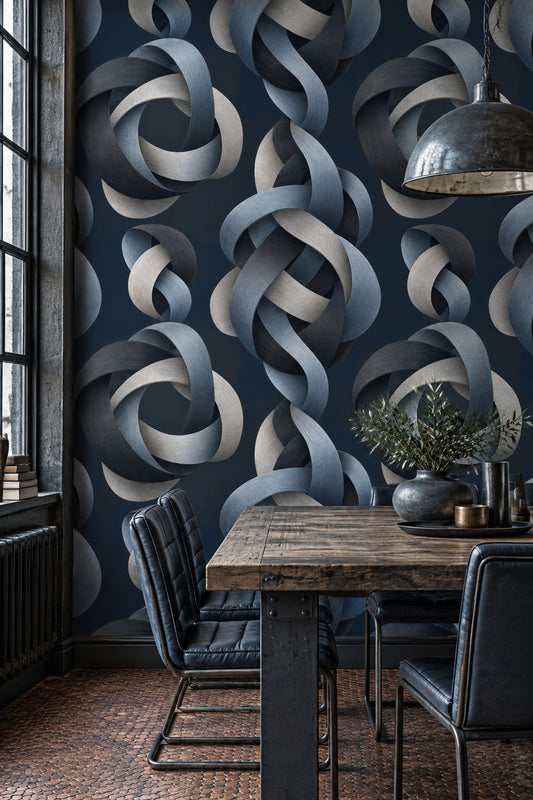 Interlocking Loop Wallpaper Dark Navy Abstract Geometric Ribbons