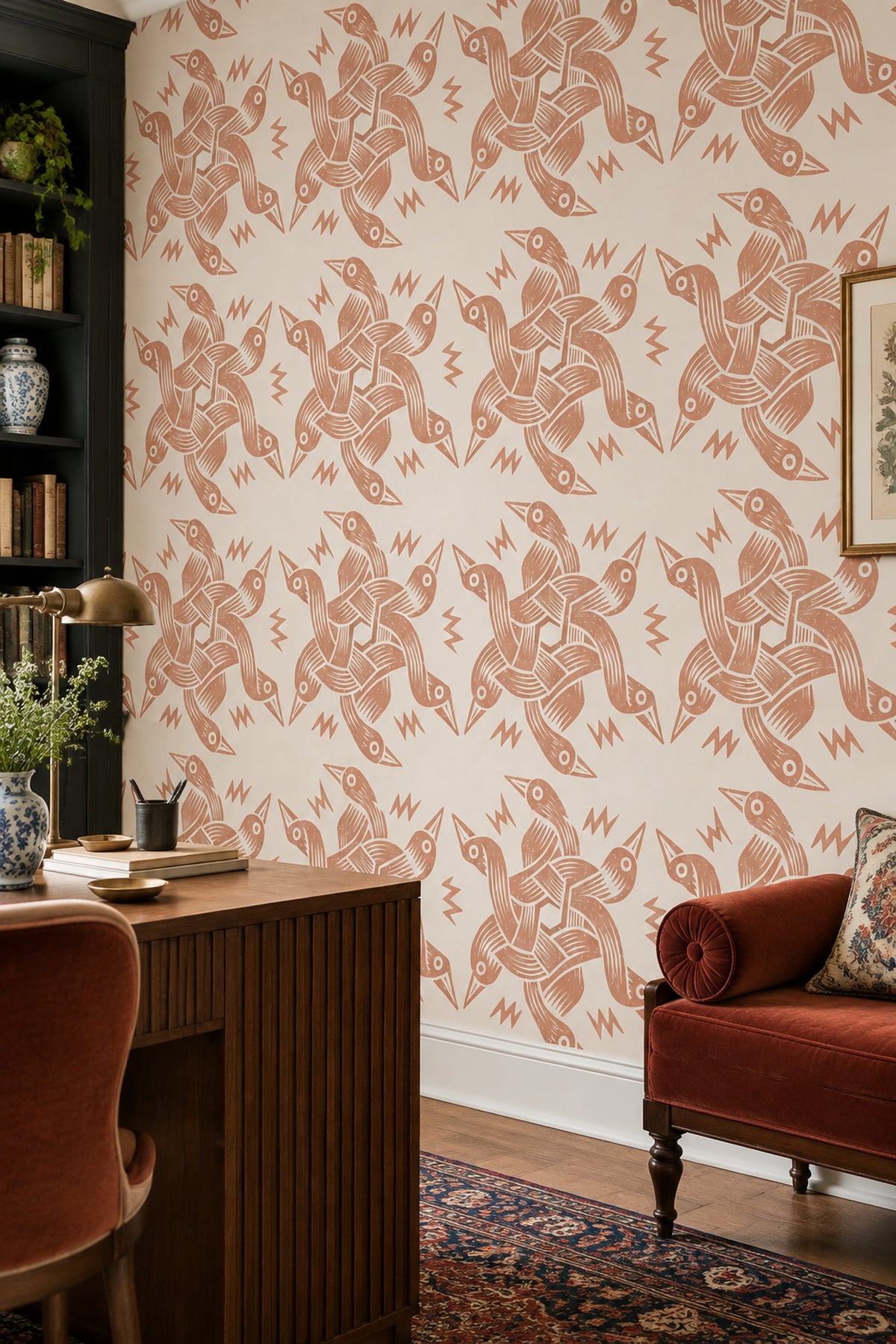 Bird Motif Wallpaper Terracotta Block Print Pattern