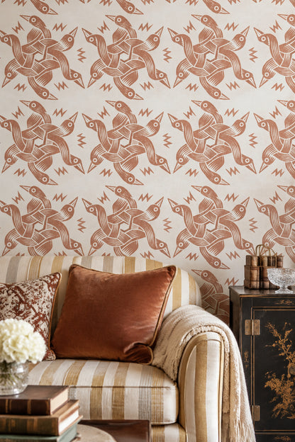 Bird Motif Wallpaper Terracotta Block Print Pattern