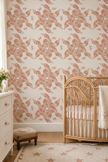 Bird Motif Wallpaper Terracotta Block Print Pattern