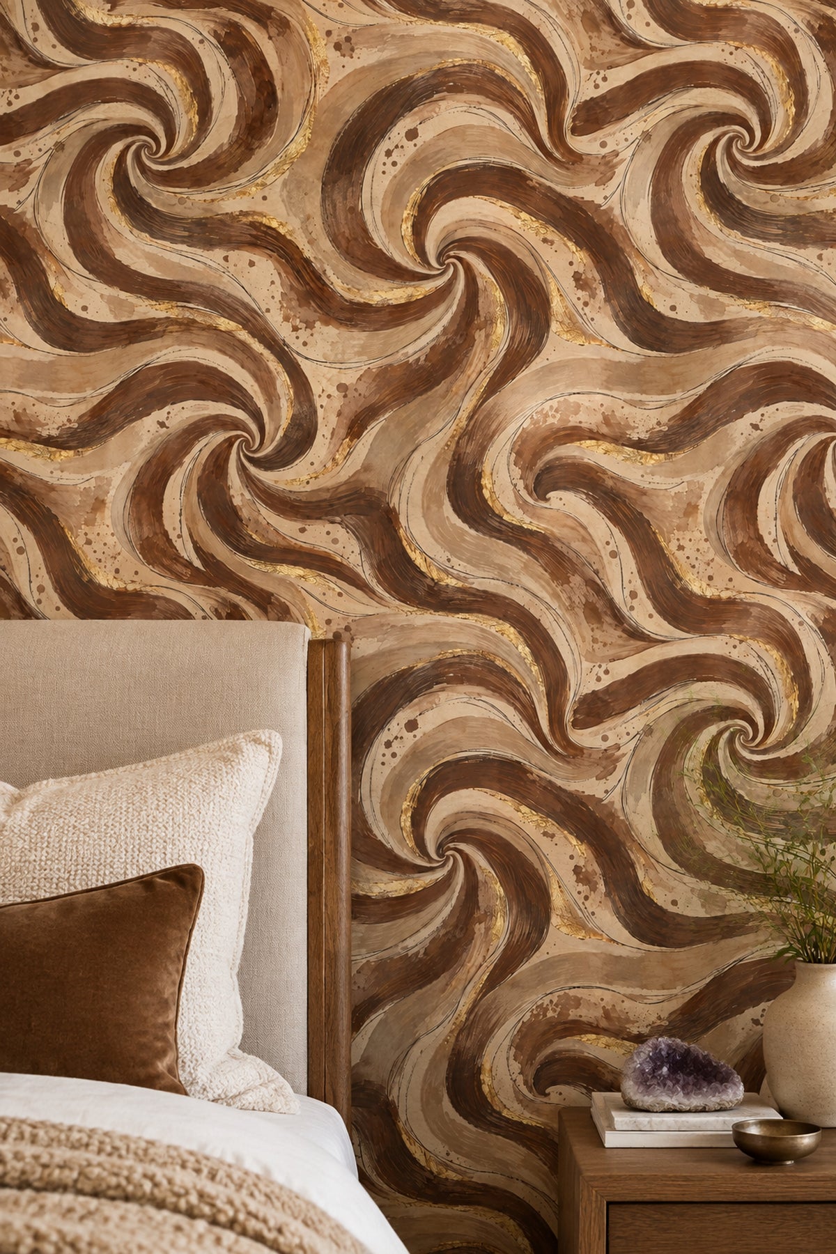 Abstract Swirl Wallpaper Brown Marble With Gold Accents