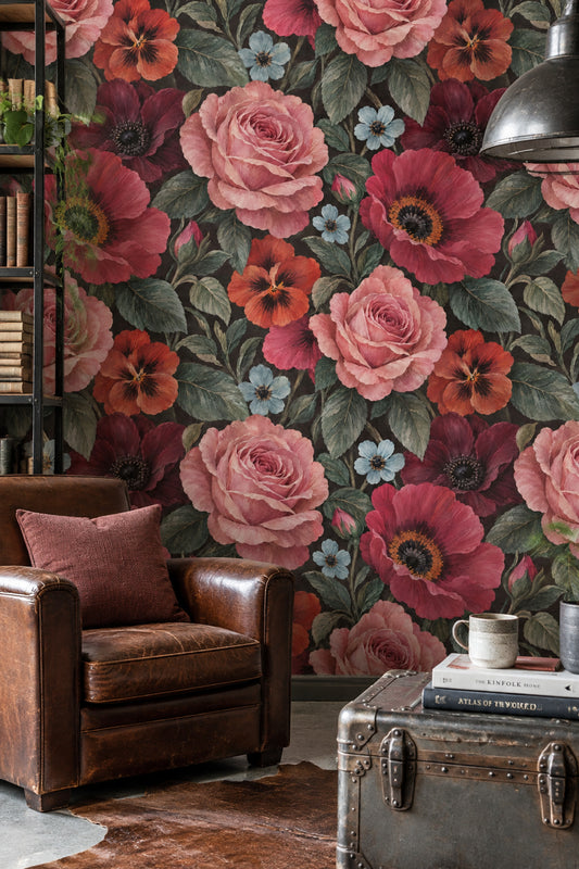 Rose And Poppy Wallpaper Dark Floral Muted Green