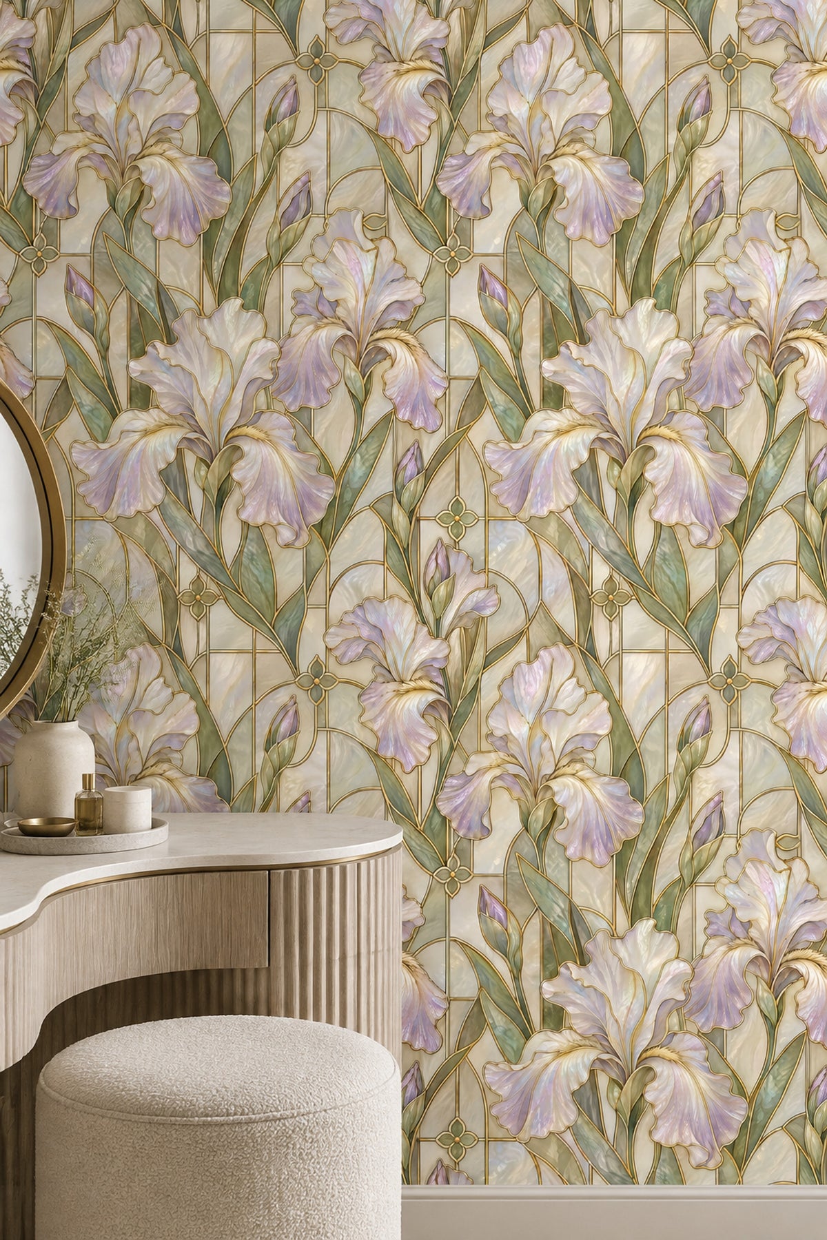 Iris Flowers Wallpaper Stained Glass Gold Outline Ivory