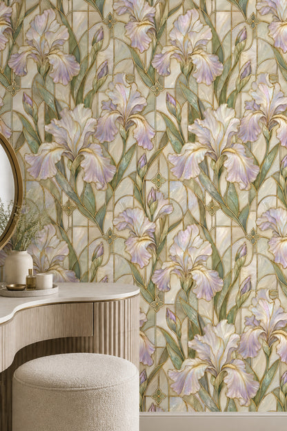 Iris Flowers Wallpaper Stained Glass Gold Outline Ivory