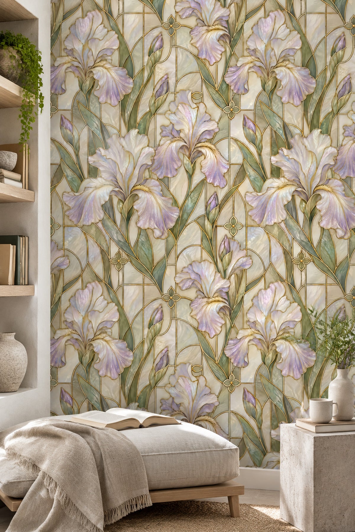 Iris Flowers Wallpaper Stained Glass Gold Outline Ivory