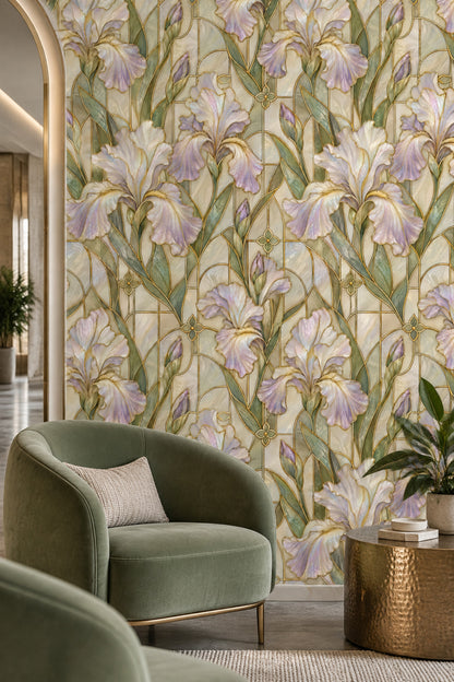 Iris Flowers Wallpaper Stained Glass Gold Outline Ivory