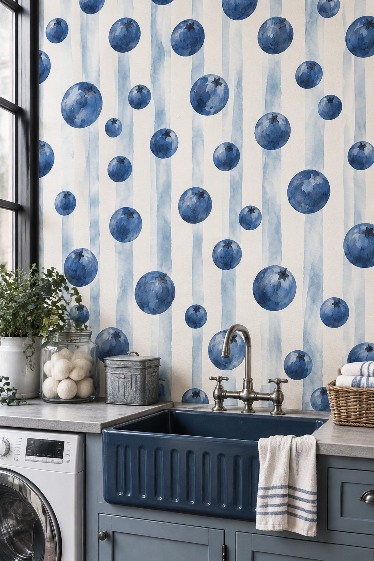 Blueberry Wallpaper Watercolor Striped Pattern On Cream