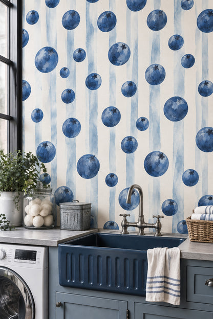 Blueberry Wallpaper Watercolor Striped Pattern On Cream
