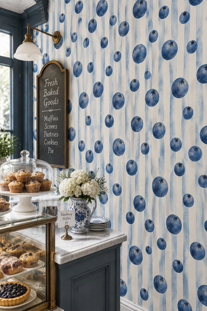 Blueberry Wallpaper Watercolor Striped Pattern On Cream