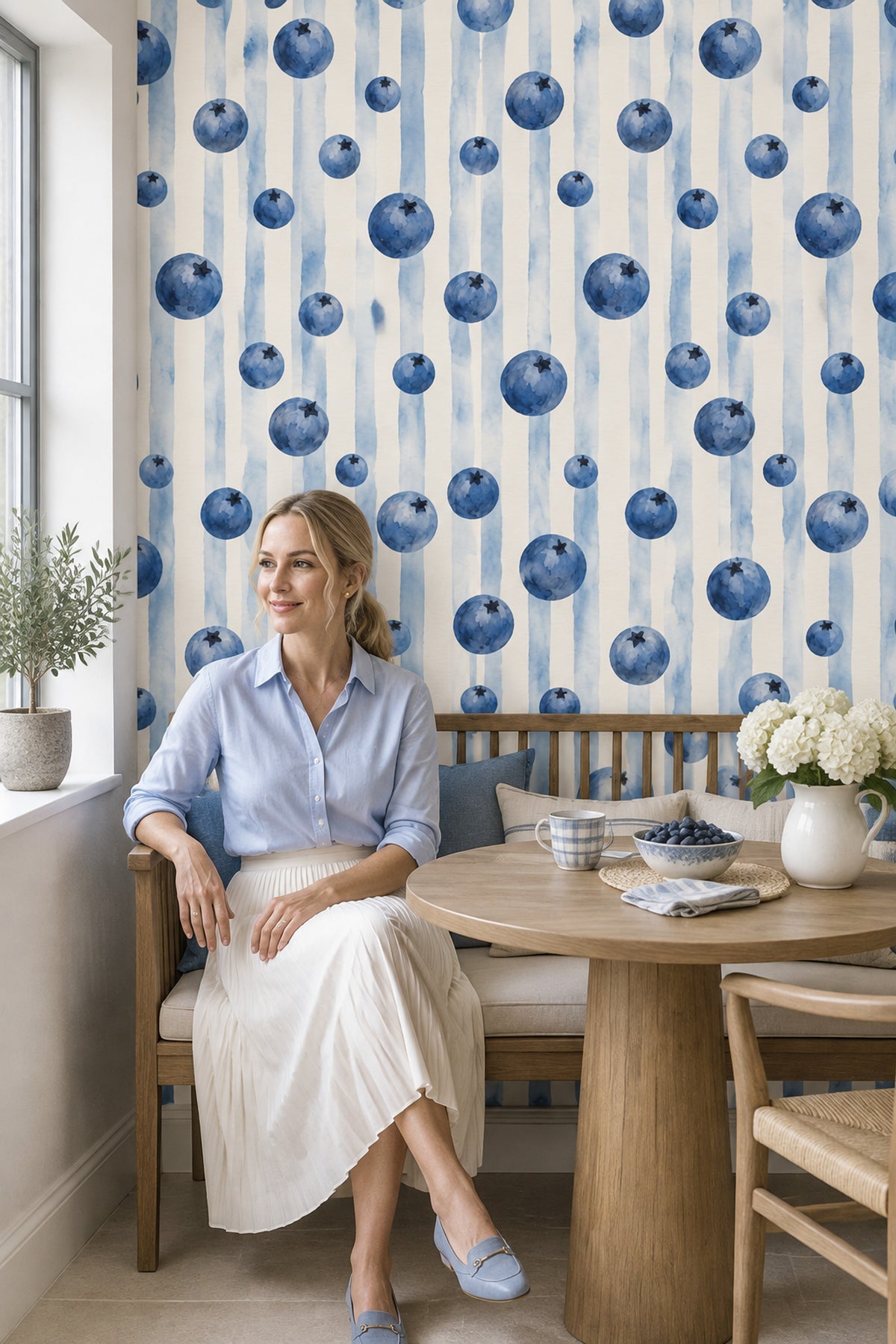 Blueberry Wallpaper Watercolor Striped Pattern On Cream