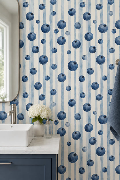 Blueberry Wallpaper Watercolor Striped Pattern On Cream