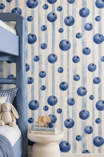 Blueberry Wallpaper Watercolor Striped Pattern On Cream