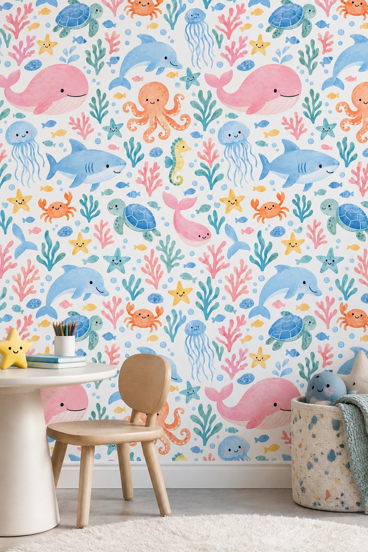 Ocean Animals Wallpaper Pastel Watercolor Pattern