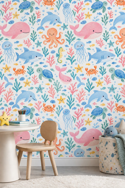 Ocean Animals Wallpaper Pastel Watercolor Pattern