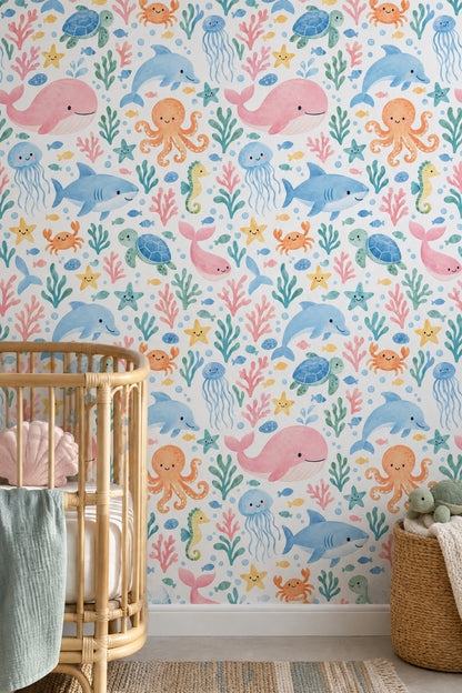 Ocean Animals Wallpaper Pastel Watercolor Pattern