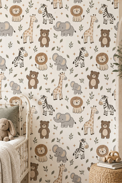 Safari Animals Wallpaper Leaf Pattern In Cream Beige And Sage Green